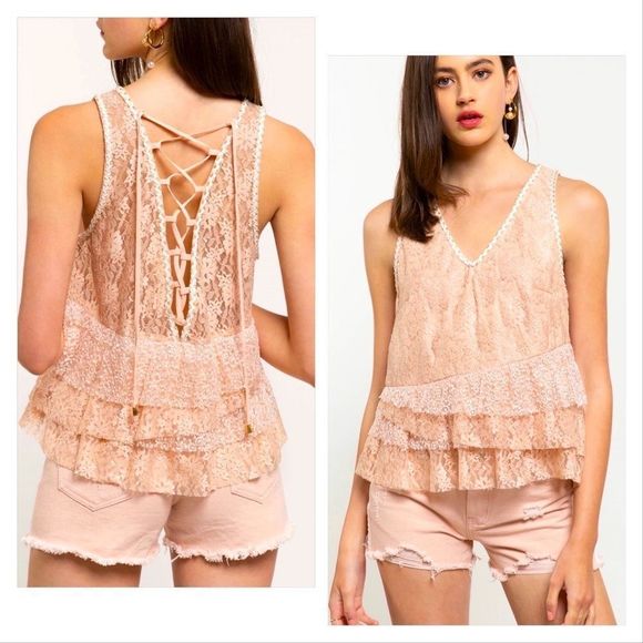 POL Tied Ruffled V-Neck Short Sleeve Blouse with Lace Detail main image 1